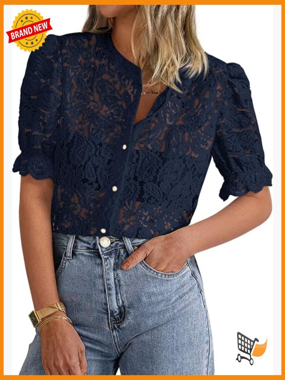 Lace Puff Sleeve Button Down Blouse - Spring Eyelet Top